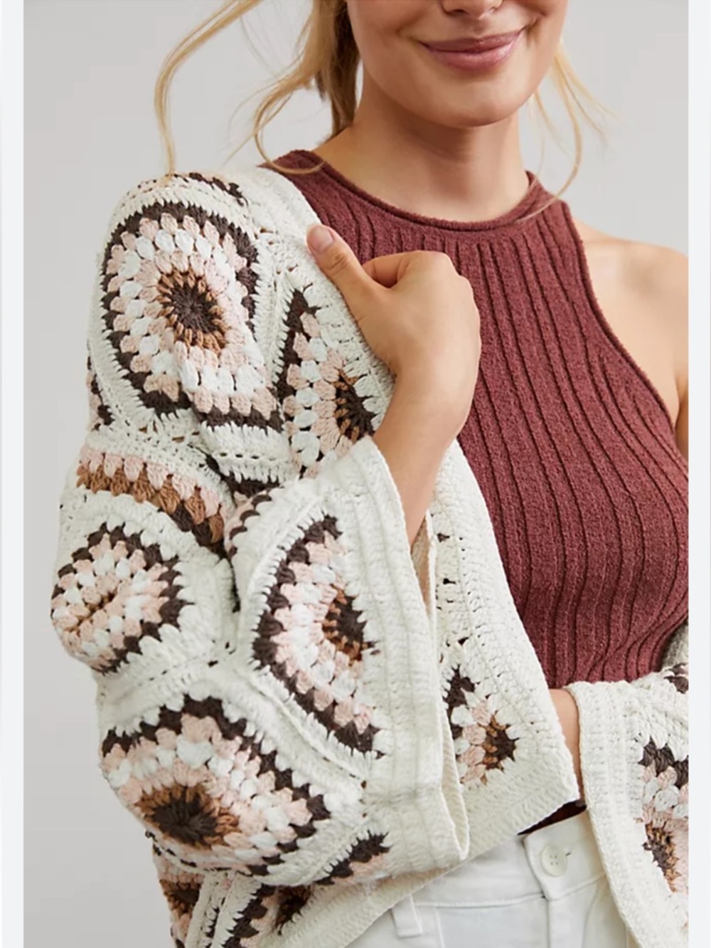 Anthropologie Amber Cream Crochet Sweater with Brown and Blush Motifs
